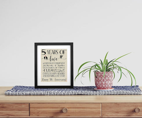 5 Years of Love Burlap Print with Frame